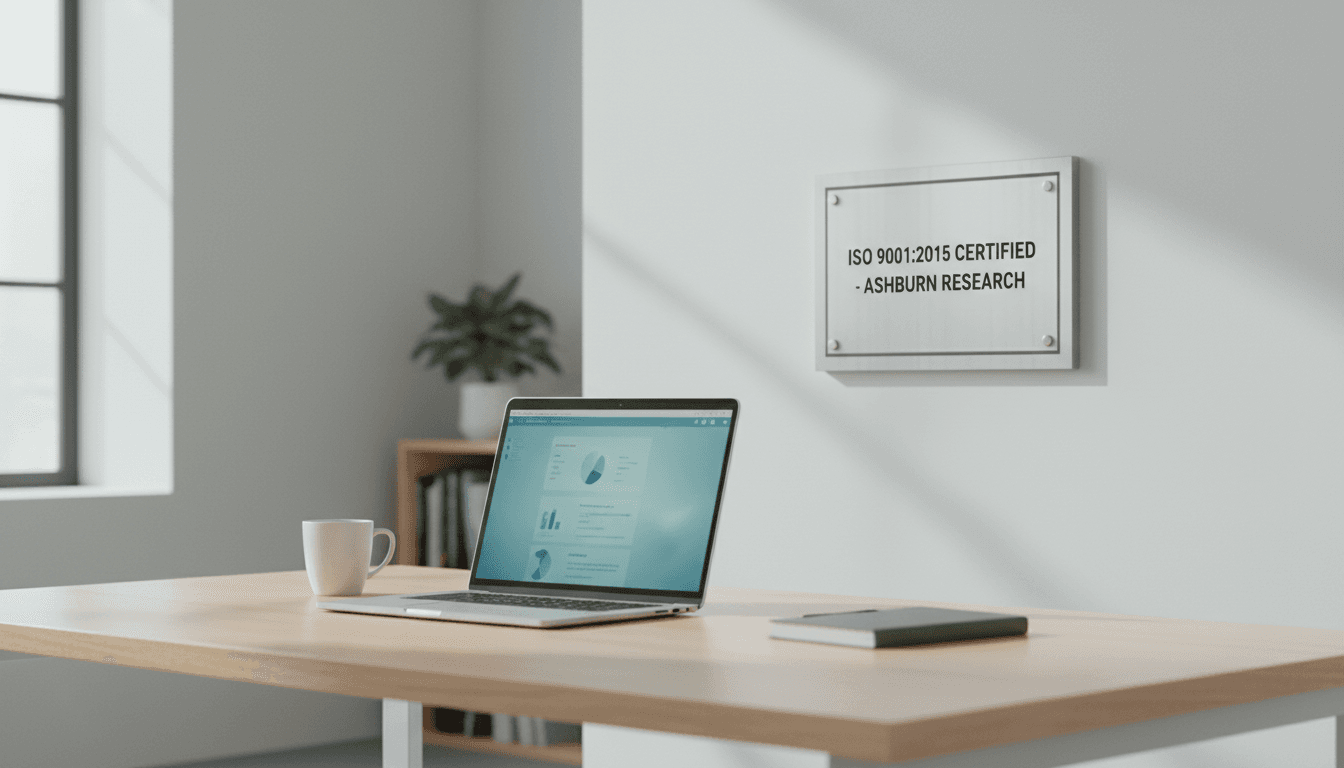 ISO certification plaque on a wall in a bright modern office