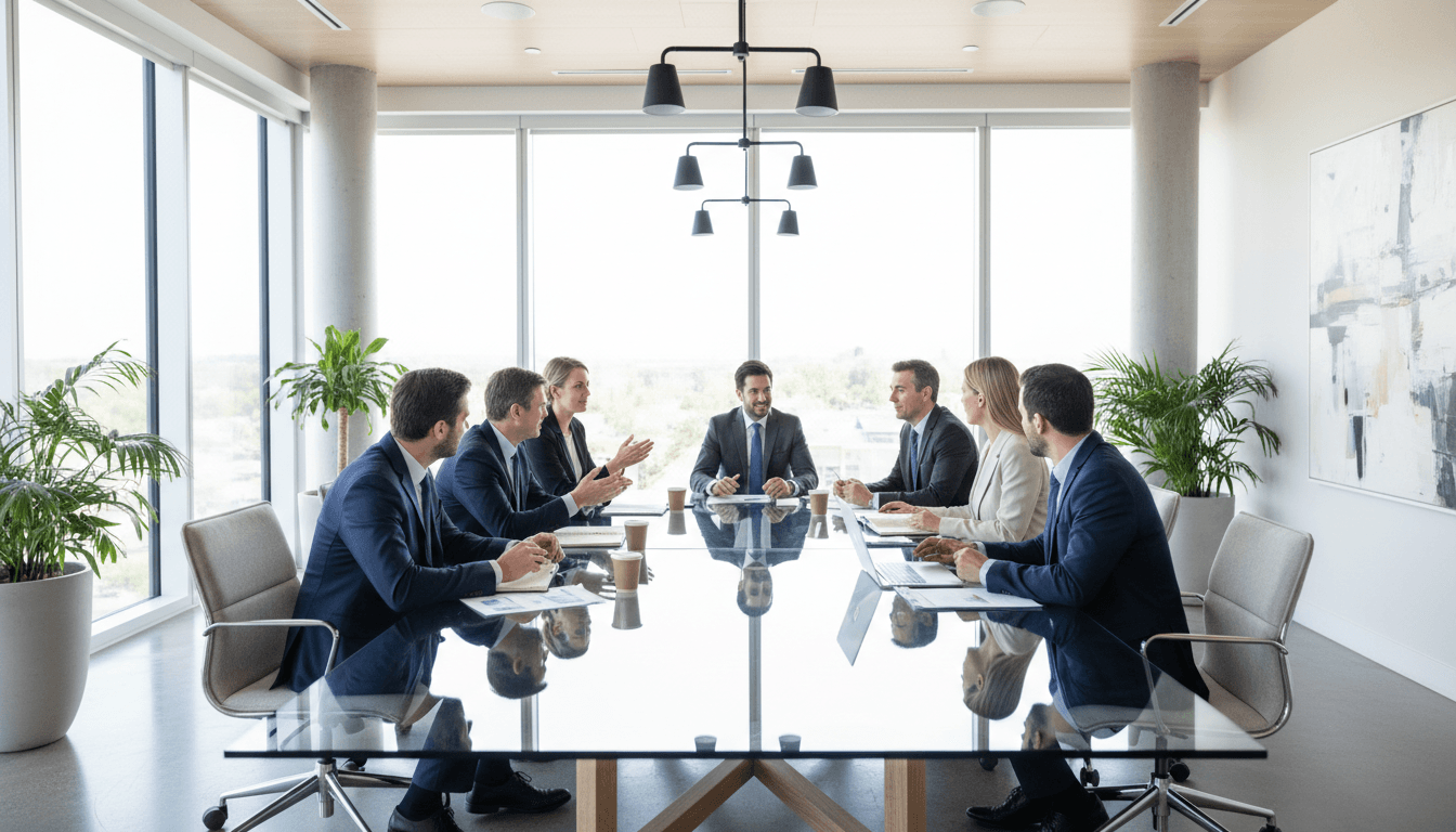 Two professionals collaborating over research documents in a modern meeting room