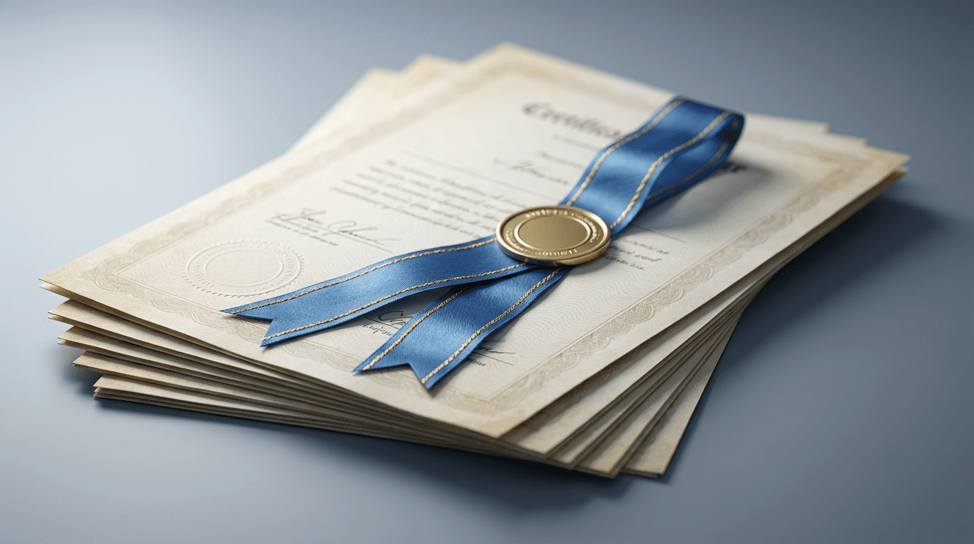 Certification documents and a pen on a desk
