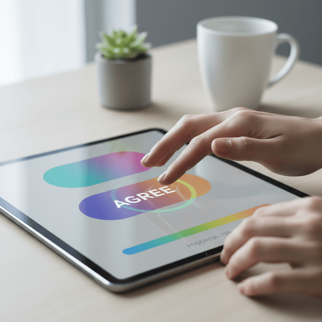 Person taking a survey on a tablet in a bright, modern space