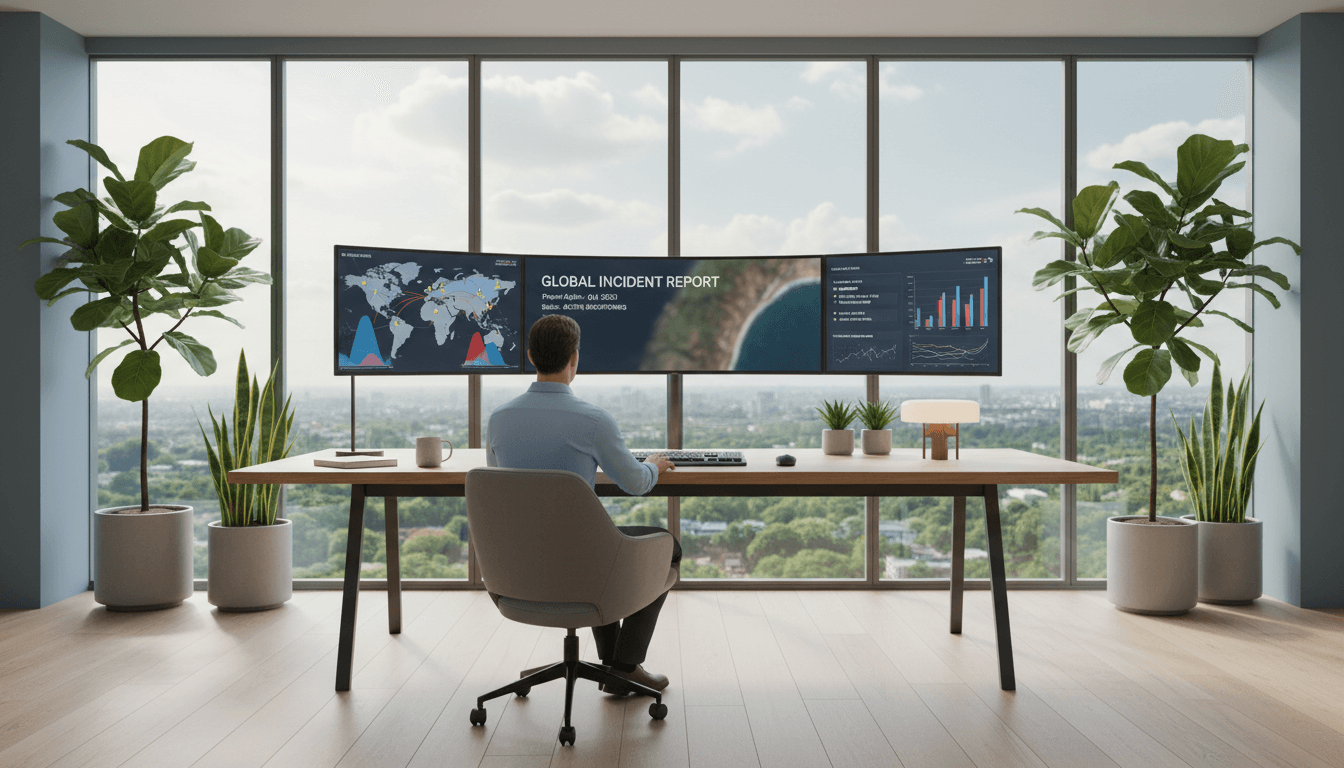 Data analyst workstation with global data on dual monitors